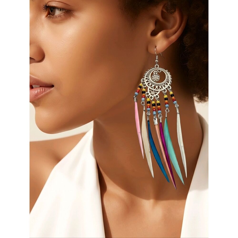 Dreamcatcher Feather Earrings Boho Western Beaded Long Dangle Coastal Cowgirl